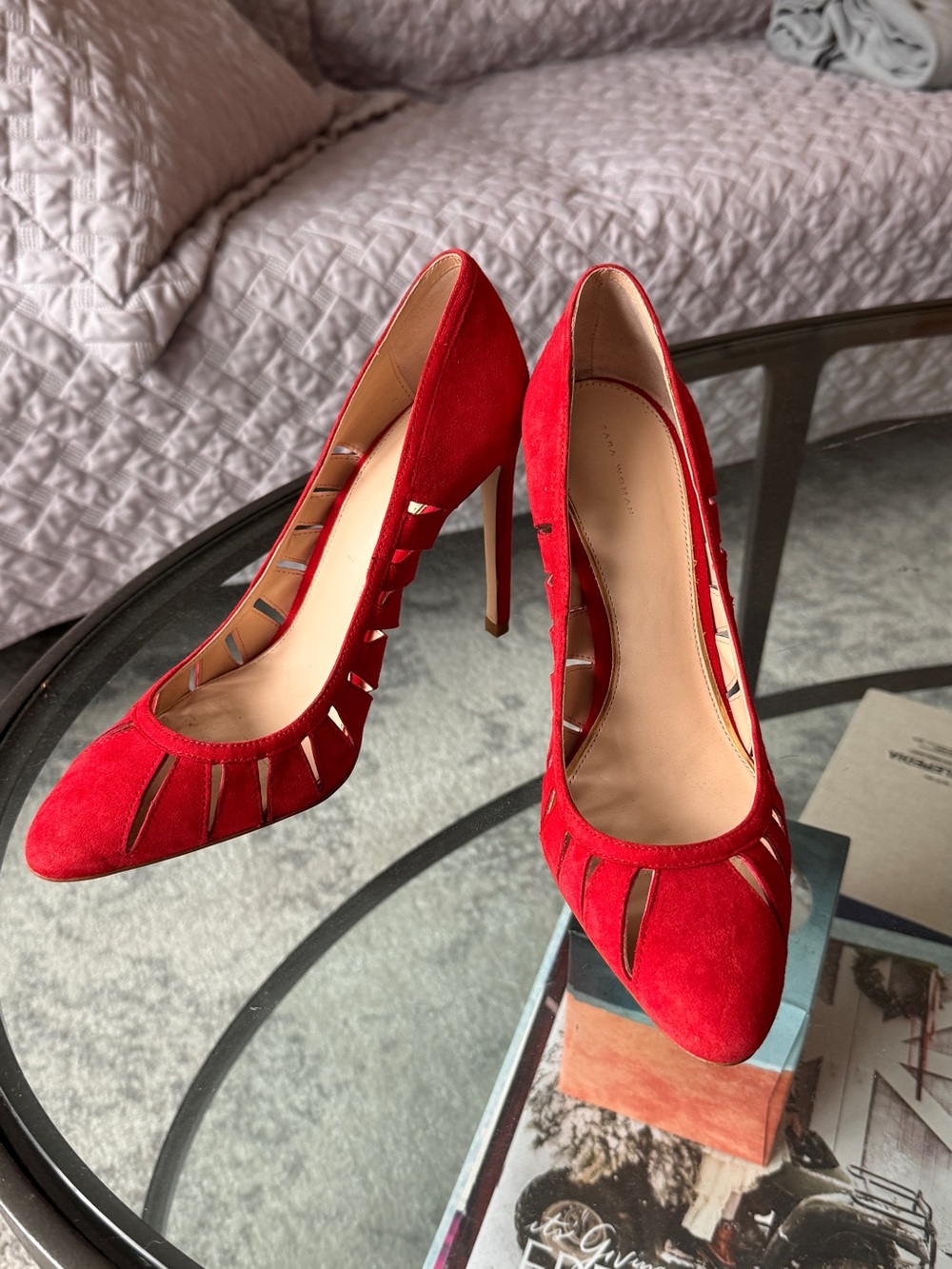 Zara Red Suede Cutout Stiletto Heels